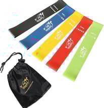 a set of resistance bands with a drawstring bag