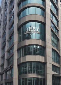 The image features the facade of a modern office building with a clean, geometric design. It is constructed with a combination of red brick and large glass panels, and there is a prominently displayed sign for Tata Consultancy Services in blue. Trees partially frame the view, and a lamppost is visible at the foreground.