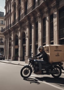 A person wearing an orange helmet and jacket is riding a motorcycle. The motorcycle is covered with a large blue protective cloth, and there is a reflective windshield attached to the front. A car is visible on the street, and buildings with green foliage are in the background.