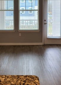 a living room with a large window and a rug