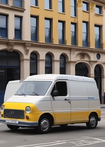 A bright yellow delivery van with the words 'DIE POST' in black and a red cross logo is parked on a street in front of a red building. The building has several windows with closed shutters.