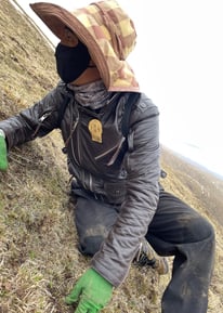 A JanNutra harvester wearing traditional attire while ethically collecting natural cordyceps