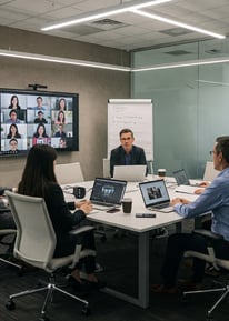 Business people in an office meeting with a client via Video Conference.