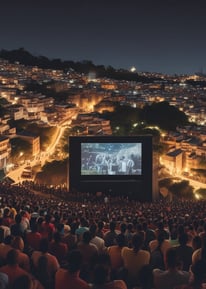 A dimly lit movie theater featuring rows of empty seats silhouetted against a large blue screen displaying the logo and website of the Institute of Cinema and Audiovisual Arts (INCAA) in Argentina.