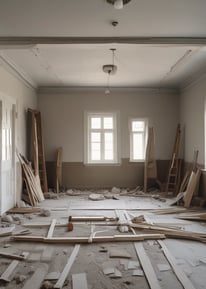 A room under renovation with unfinished walls and windows. A person is working on the floor, surrounded by construction materials including paint buckets, wooden planks, and plastic sheets. Sunlight streams in through the large windows, casting shadows on the partially plastered walls.