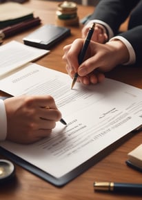2 sets of hands both holding a pen about to sign a document that is sitting on a desk.