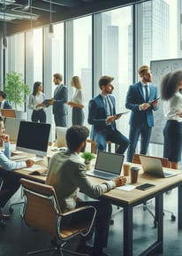 a group of people standing around a table with laptops