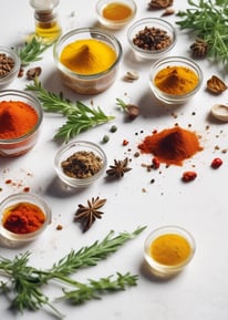 Various wellness and beauty products, including oils in bottles, a bowl of oil, dried flowers, crystals, a smudge stick, and a small dish of cream, are arranged aesthetically on a light surface. The scene is decorated with colorful flowers and herbs.