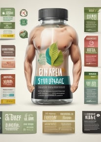 Three white plastic bottles of dietary supplements with labels. Two bottles are upright on a wooden surface, while the third is balanced on top. The background features green grass and trees in soft focus.