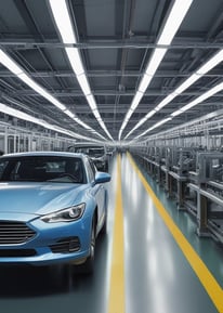 A vehicle assembly line inside an automotive factory, featuring a white SUV at the forefront. Bright overhead lights illuminate the work area, with several workers engaged in the production process. The SUV is stationed on a conveyor belt, with nearby tools and equipment supporting the assembly work.
