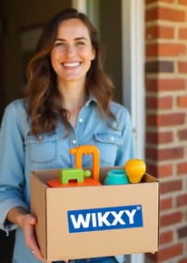 A happy, smiling woman receiving a free 3D printed package from WIKXY 3D printing at her doorstep.
