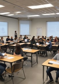 A classroom setting with several people seated at long tables with laptops and papers, attending a presentation or workshop. A presenter is standing to the right of the image, engaging with the audience. The room is well-lit, with a large banner on the wall displaying the topic 'Student Question in the Contemporary Classroom'. Various items such as flowers, cups, and boxes are placed on the tables.