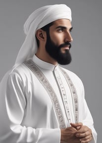 A group of men and boys dressed in traditional attire, including long robes and sashes, are gathered in a row indoors. Many are wearing head coverings, and some have ceremonial daggers (jambiyas) in their belts. In the background, there are decorative banners with images positioned on the walls.