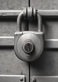 A black and white image featuring a security guard standing on a paved area of a modern building. The guard is wearing a uniform, including a shirt with shoulder insignia, a badge, a cap, and a mask. Architectural elements of the building are visible in the background, with tall geometric walls and an open passageway.