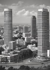 A large, modern building with a prominent red logo of a financial institution on its façade. The building has a geometric and industrial design, surrounded by other urban structures. A rooftop with various equipment and antennas can be seen, along with a cityscape in the background.