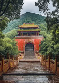 Ancient Chinese temple with red walls and golden roof, seen through rain on a forested mountain path.