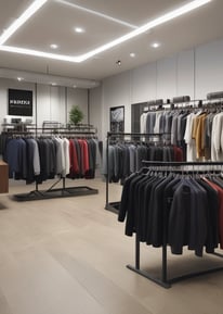 A storefront display featuring three mannequins dressed in stylish clothing. The left mannequin wears a patterned trench coat with various designs, the middle one is dressed in a checkered suit, and the right one is in a black outfit with a red scarf and matching red bag. Flanking the mannequins, shelves display a variety of handbags in different colors and styles, along with some boxed items. The background features the brand's name in a bold, illuminated sign above the display.