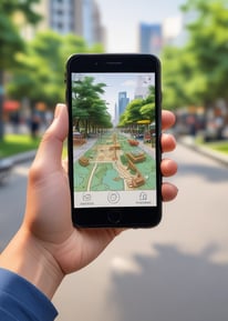 A person is holding a smartphone with a gaming app , featuring an augmented reality map. The setting is outdoors, with people visible in the background, suggesting a park or public space.
