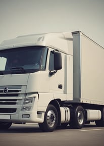 A moving truck with company branding is parked next to an open shipping container on a trailer. Two people are handling items near the container, while a car is parked in the background. The sky is overcast, and the ground appears to be asphalt.