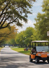 An individual is standing on a golf course, holding a golf club. He is wearing a cap, sunglasses, a short-sleeved shirt, shorts, and golf shoes. Two golf carts are visible in the background, parked on the edge of the grass. The setting includes residential houses and some trees.