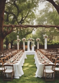 A formal event setup features tables adorned with elegant decorations including white flowers, glass candle holders, and a reflective centerpiece. Blue laser lights cross the room, creating a dynamic ceiling effect. The ambient lighting casts a starry atmosphere, while chairs are neatly arranged around each decorated dining area.