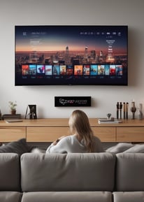 A woman with long hair, dressed in a black tank top and gray pants, is interacting with a smart home device mounted on a wall. She is holding a tablet in her left hand. The setting appears to be a modern home entryway with a wooden door featuring horizontal glass panels. A small side table near the wall supports a plant and some decorative items.