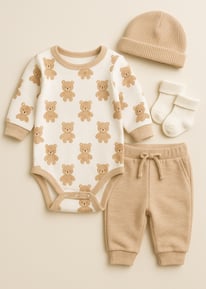 a baby's outfit with a hat and a baby's booties