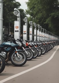 A row of rental bicycles neatly lined up in a city bike-sharing station, with green and grey color schemes. The background features a street with a pedestrian crossing and green trees behind a black iron fence. There are people walking and cars on the street, indicating an urban environment.