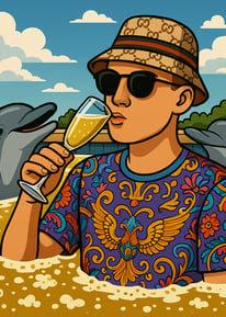 Hustensaft Jüngling, auch bekannt als Ole Finsterbusch, in ikonischem Outfit mit Sonnenbrille und Bucket Hat, inszeniert als