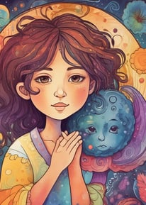 A doll with long blonde hair is dressed in a purple and pink dress with intricate white patterns. It is positioned in front of a blurred background featuring a roof and some foliage, all under a bright blue sky.