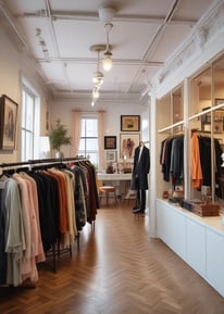 A vintage store interior displaying shelves packed with various bottles and boxes. Glass cabinets along the counters showcase neatly arranged products. A prominent clock sits above the shelves, and an empty chair is positioned in the middle of the floor. The store has a high ceiling with light coming in through skylights.