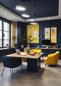A modern interior space of an entrepreneurship center with large glass windows and open doors. The room contains people sitting at tables, engaging in various activities. The sleek design features metal railings and exposed ductwork in the ceiling, creating an industrial feel.