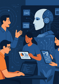 Team working on web, app development, and digital marketing with AI tools