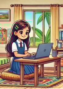 a girl sitting at a desk with a laptop
