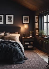A cozy corner of a modern store featuring a variety of items and decor. There is a chair with a pillow adorned with a colorful house design next to a stack of textiles. A small shelf displays books, candles, and decorative items against a brick wall. Clothing items, including a shirt with a floral logo, hang from a rack. Bright, abstract patterns are painted on the floor, and strings of lights can be seen outside the window, adding to the ambiance.