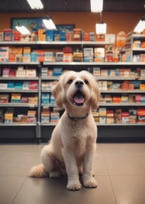 A small white puppy with large pointed ears sits in front of a wooden display with various pet products, including dog treats in paper packaging with ribbons and framed signs. The setting resembles a market stall, complete with a tablecloth and various pet accessories such as collars visible in the background.