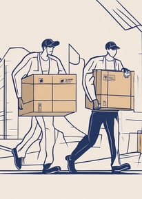 two men carrying boxes on a street