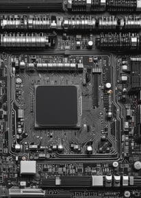 Various electronic components and metallic parts are scattered on a wooden surface, including circuit board pieces, screws, and circular metal rings.