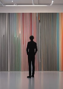 An art gallery with an open central courtyard is filled with various paintings displayed on easels and hanging on walls. The setting includes wooden beams and pillars, giving it a traditional aesthetic. Colorful artwork in different styles is prominently featured.