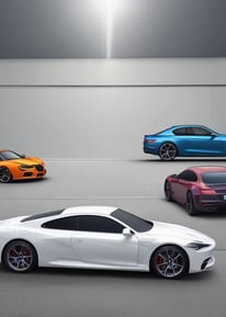 A spacious and organized automotive workshop featuring multiple hydraulic lifts arranged in a row. The walls are painted white with black and red accents. There is a red ceiling fan and a wall-mounted television. Various red tool cabinets and racks containing supplies are visible along the wall.