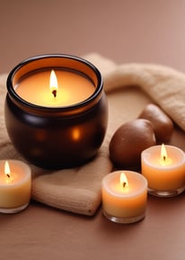 Several colorful candle tins are arranged on a soft, pink surface. The tins are labeled with 'peacock & lotus' and 'shakti,' indicating they are natural soy candles with lilac, lavender, and eucalyptus scents. Each tin has a prominent lid, and small decorative flowers are visible on the candle surfaces.
