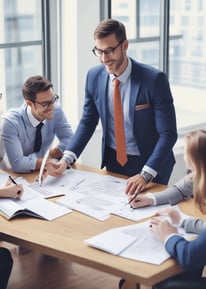 A professional consultation setting with a medical professional sitting at a desk facing a client. The room has a modern aesthetic with white walls decorated with framed certificates. The desk is organized with office supplies, a laptop, and a fruit bowl in the center.