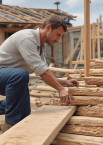 A person is engaged in woodworking, sitting cross-legged on the floor surrounded by wood shavings. They are carving a piece of wood using a chisel and a mallet. There are various tools and materials scattered around, including a knife and a block of wood.