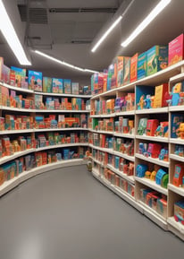 A well-stocked shop shelf filled with various beauty and wellness products, including bottles, boxes, and jars. The shelves are neatly organized with different color-coded sections containing skincare bottles, soaps, and colorful packaging. The lighting is warm and inviting.