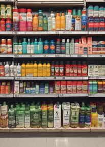 A well-stocked shop shelf filled with various beauty and wellness products, including bottles, boxes, and jars. The shelves are neatly organized with different color-coded sections containing skincare bottles, soaps, and colorful packaging. The lighting is warm and inviting.