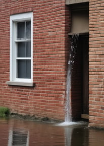 A water pipe is mounted on a wall, with a leak spraying water out in a narrow stream. The wall has some visible stains and damage, and there is a red object leaning against the wall.