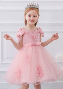 a pretty, smiling little girl wearing a pink party dress and a tiara