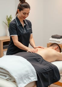 Una fisioterapeuta llevando a cabo una sesión de terapia manual en la espalda de un paciente.