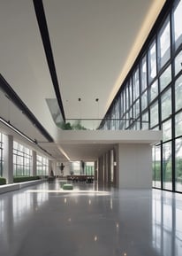 A construction scene with workers building a multi-story wooden structure. Two people are on the roof and another is on a lift, all actively engaged in the building process. The unfinished structure has exposed wooden frames and large window openings.