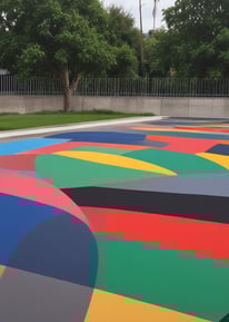 A playground area with a colorful rubberized floor, featuring a wooden swing set in the center. A child is seated on the swing. A small slide is positioned to the left. The background includes neatly trimmed bushes, trees, and a row of apartment buildings.